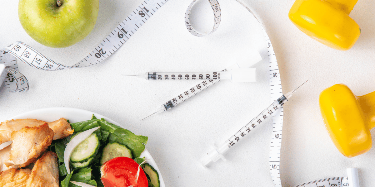 Medication needles with other weight loss options like diet food and weights.